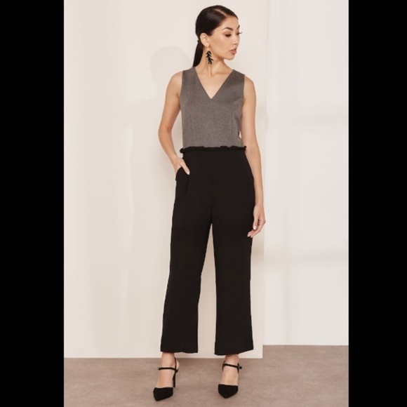 J. Crew 365 Wide Leg Combo Jumpsuit Black Grey Malt Ruffle Waist J7995 (Size 4) - Picture 3 of 8